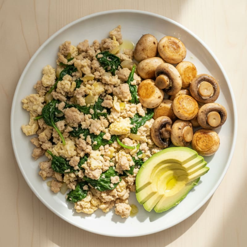 Egg White and Turkey Spinach Scramble with Sautéed Mushrooms