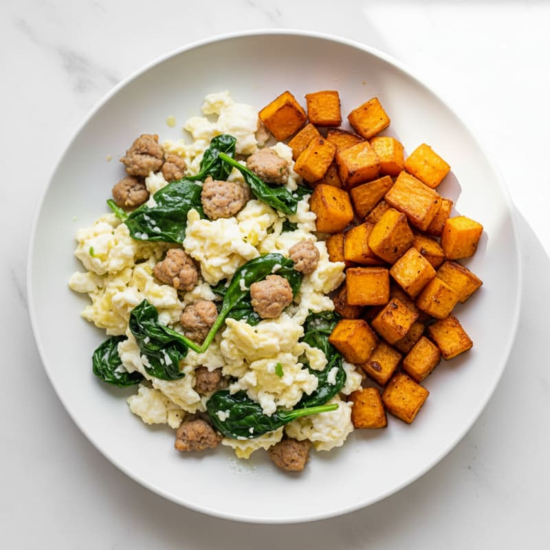 Egg White and Turkey Sausage Scramble with Spinach and Roasted Sweet Potato