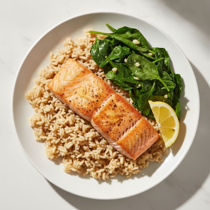 Seared Salmon Fillet with Garlic Spinach and Brown Rice