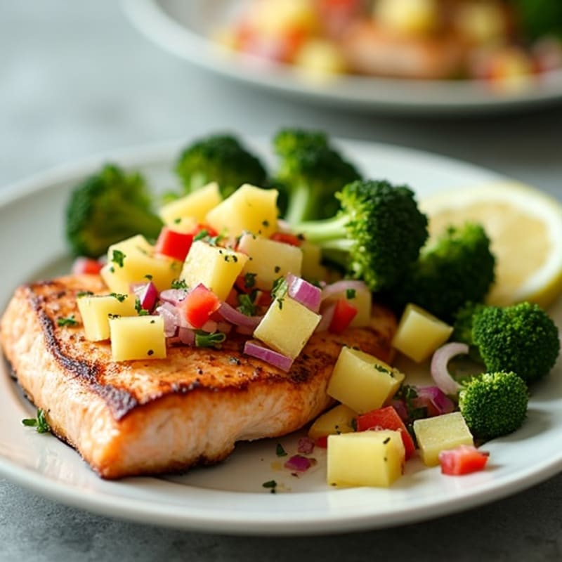 Seared Salmon with Roasted Broccoli and Pineapple Salsa