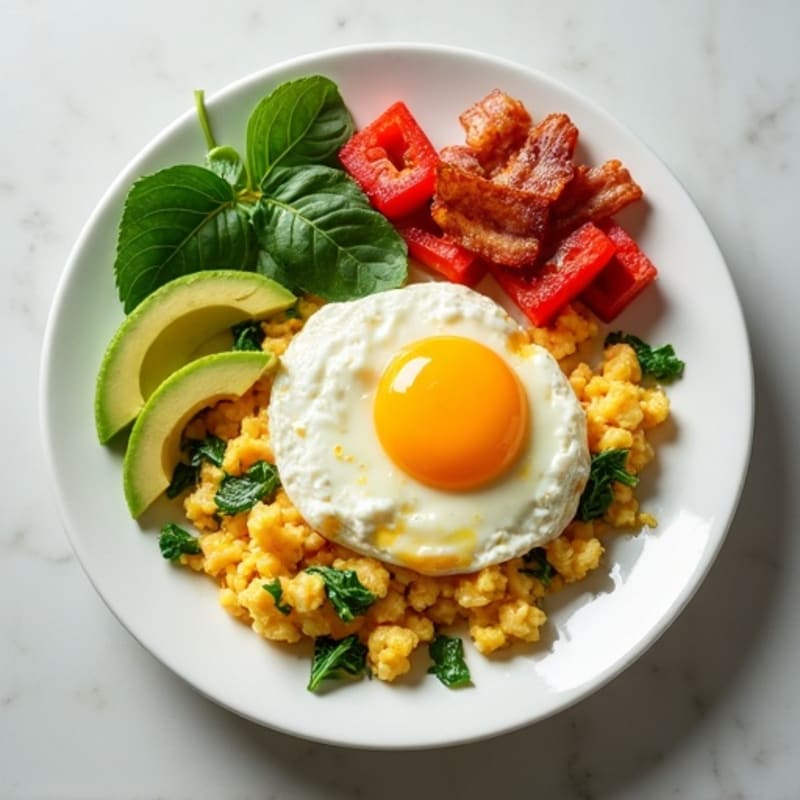 Egg White Veggie Scramble with Cottage Cheese and Turkey Bacon