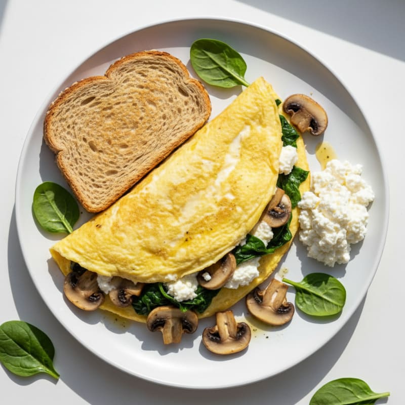 Egg White Spinach Omelette with Cottage Cheese and Sautéed Mushrooms