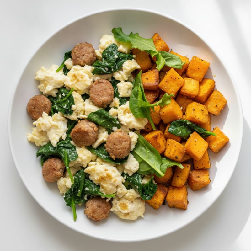 Egg White and Chicken Sausage Scramble with Spinach and Roasted Sweet Potatoes