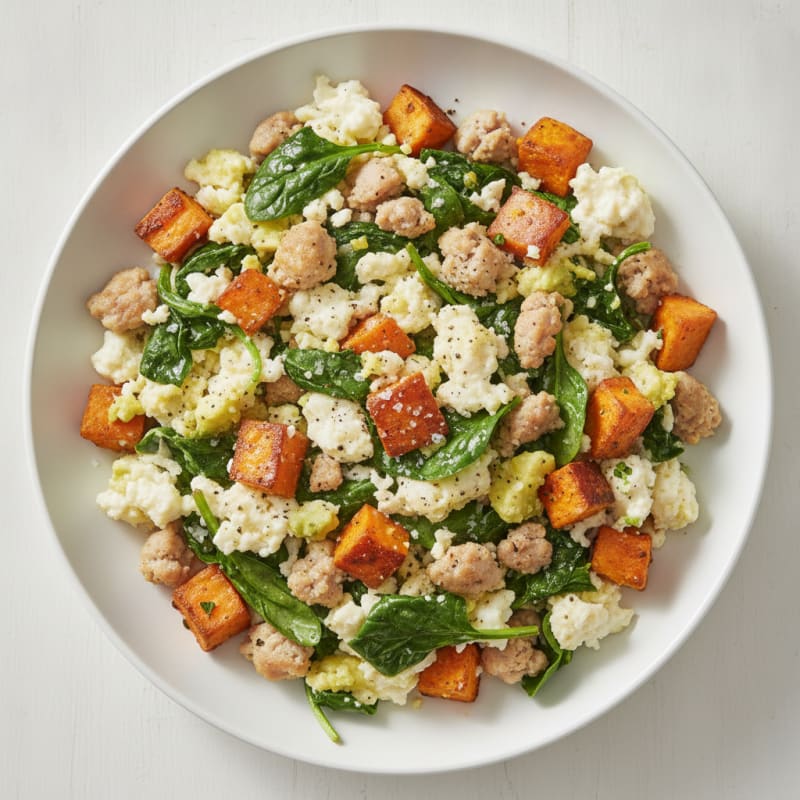 Egg White and Turkey Sausage Scramble with Spinach and Sweet Potato
