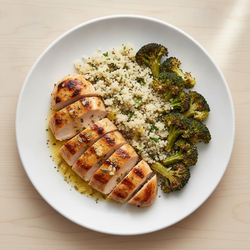 Grilled Lemon-Garlic Chicken Breast with Quinoa and Roasted Broccoli