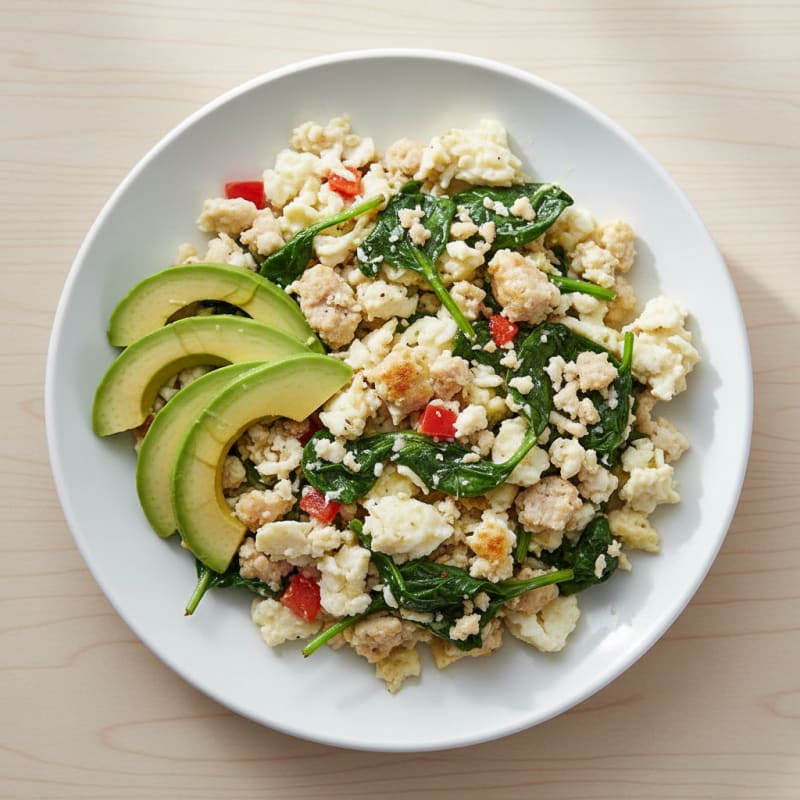 Egg White and Turkey Sausage Scramble with Sautéed Spinach