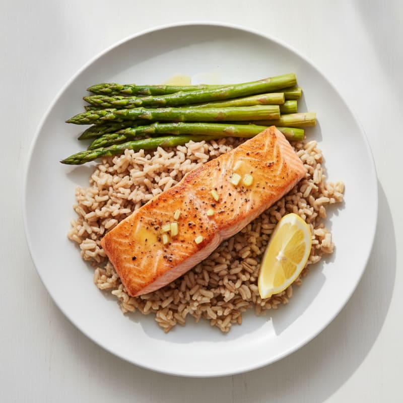 Seared Salmon with Steamed Asparagus and Brown Rice