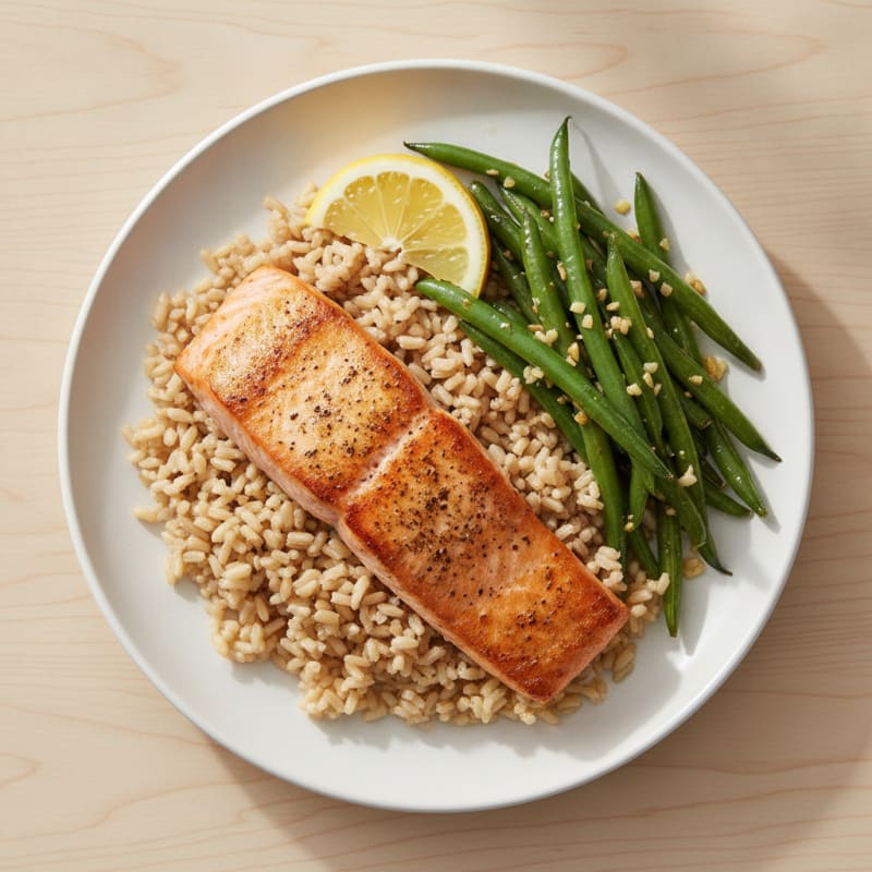 Seared Salmon with Garlic Green Beans and Brown Rice