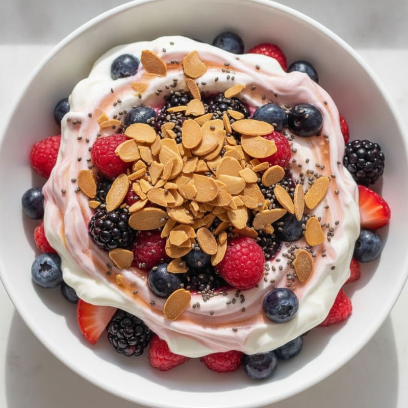 Greek Yogurt Protein Parfait with Mixed Berries and Almonds