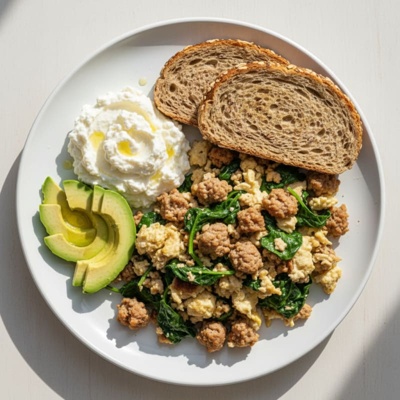 Egg White and Turkey Sausage Scramble with Cottage Cheese and Spinach