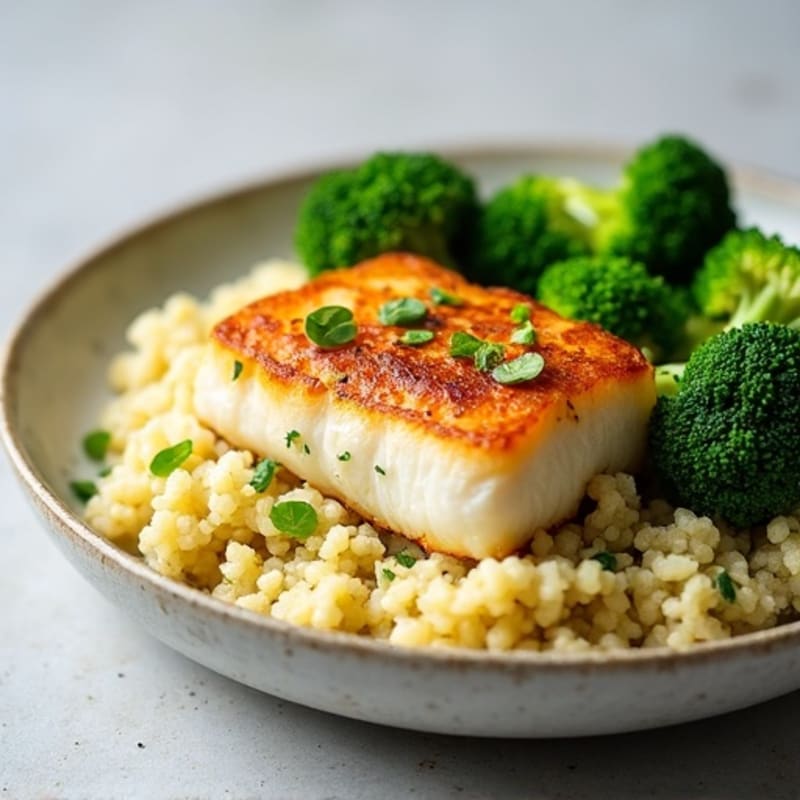 Seared Cod Fillet with Steamed Broccoli and Herbed Cauliflower Rice