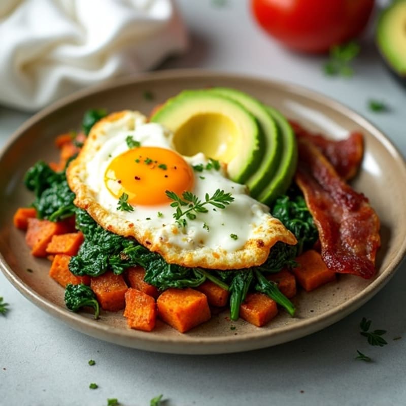 Crispy Turkey Bacon and Egg White Scramble with Sautéed Spinach and Sweet Potato Hash
