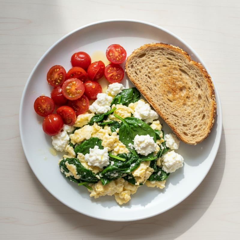 Egg White and Spinach Scramble with Cottage Cheese and Cherry Tomatoes