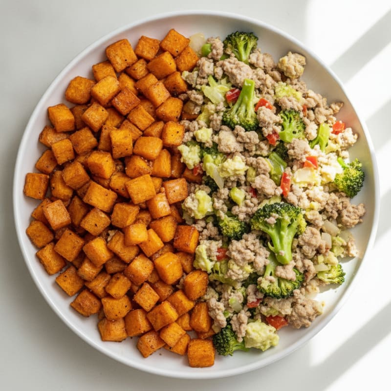 Ground Turkey Veggie Scramble with Crispy Sweet Potato Hash