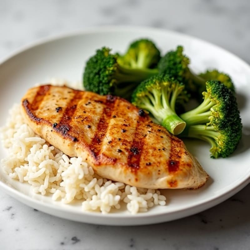 Grilled Chicken Breast with Steamed Rice and Roasted Broccoli