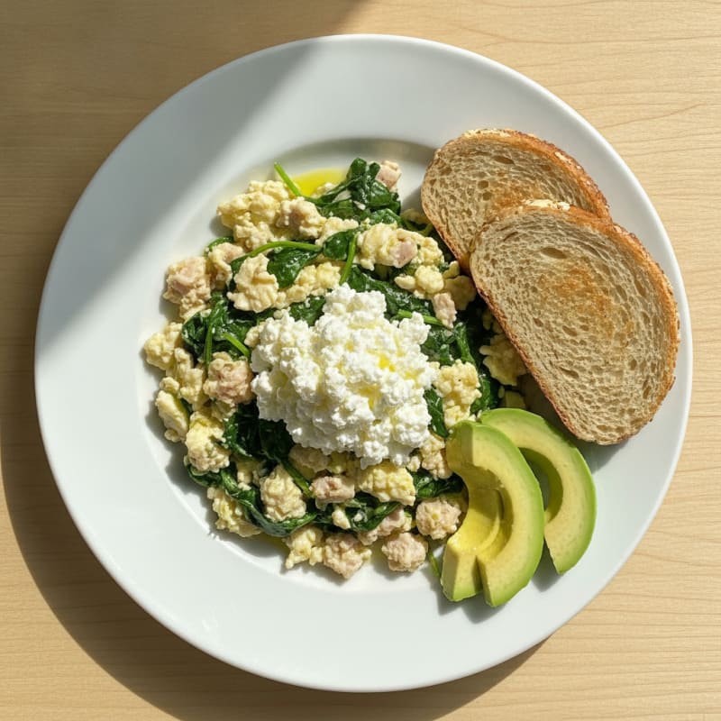 Egg White Spinach Scramble with Cottage Cheese and Sliced Turkey