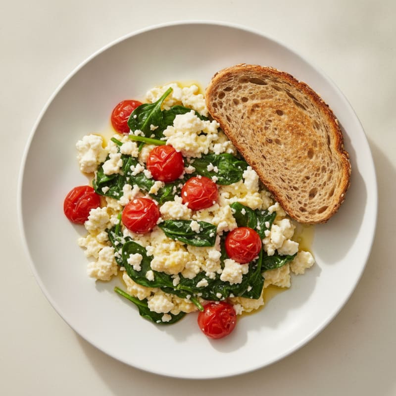 Cottage Cheese Egg Scramble with Sautéed Spinach and Cherry Tomatoes