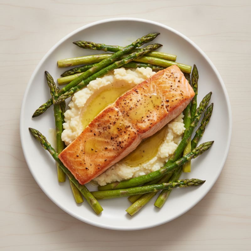 Seared Salmon Fillet with Roasted Asparagus and Cauliflower Mash