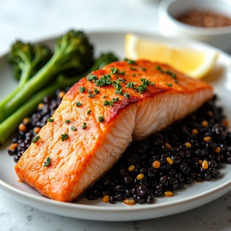 Flaky Pan-Seared Salmon with Crispy Roasted Broccolini and Nutty Black Rice