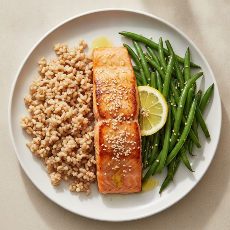 Seared Salmon Filet with Steamed Green Beans and Brown Rice