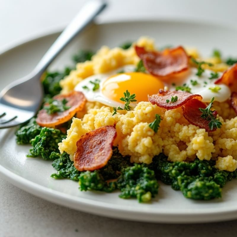 Cottage Cheese Egg White Scramble with Sautéed Spinach and Turkey Bacon