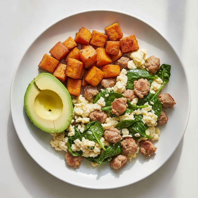 Egg White Spinach Scramble with Turkey Sausage