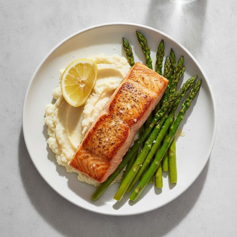 Seared Salmon with Asparagus and Cauliflower Mash