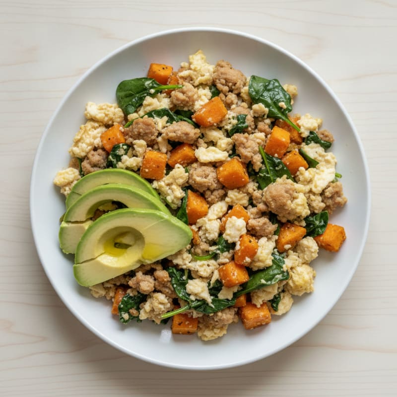 Egg White and Turkey Sausage Scramble with Spinach and Sweet Potato