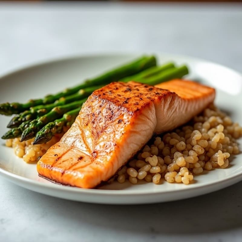 Seared Salmon with Steamed Asparagus and Brown Rice