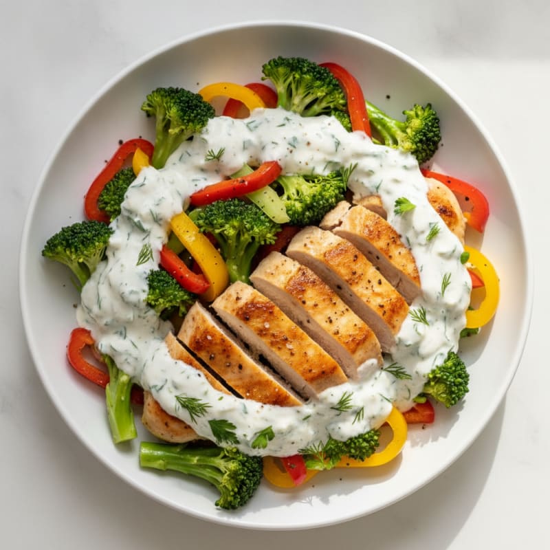 Garlic-Herb Yogurt Sauce with Seared Chicken and Greens