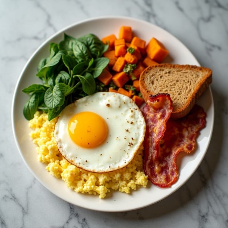 Crispy Turkey Bacon and Egg White Scramble with Sautéed Spinach