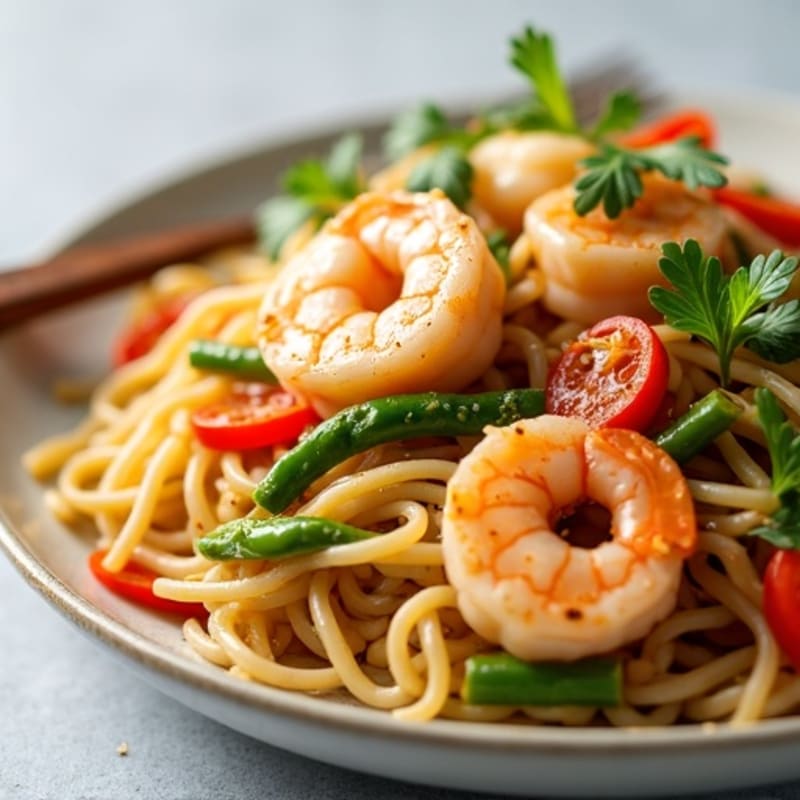 Shrimp and Vegetable Rice Noodle Stir-Fry with Creamy Peanut Lime Dressing