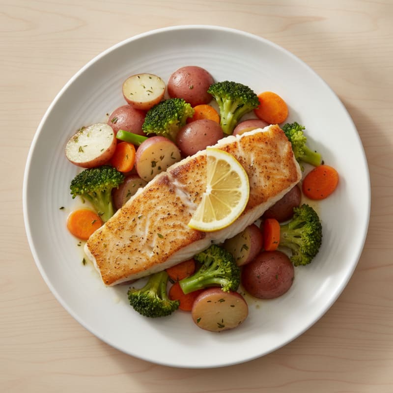 Seared White Fish with Steamed Vegetables and Herb Potatoes