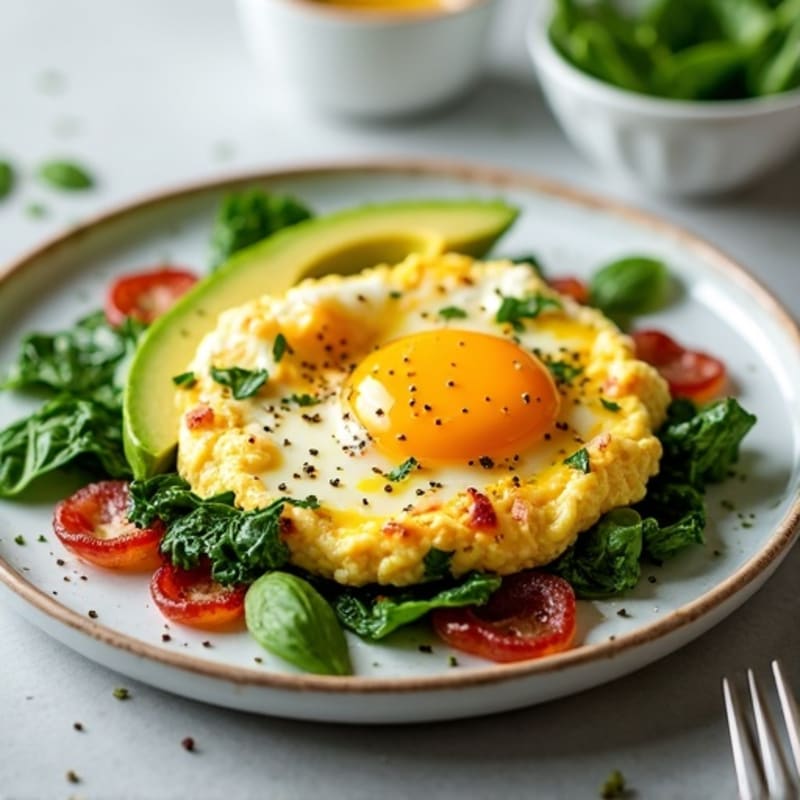 Cottage Cheese Egg White Scramble with Spinach and Turkey Bacon