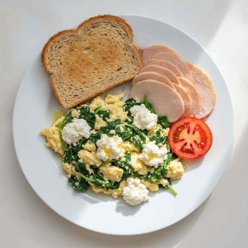 Egg White and Spinach Scramble with Cottage Cheese and Sliced Turkey