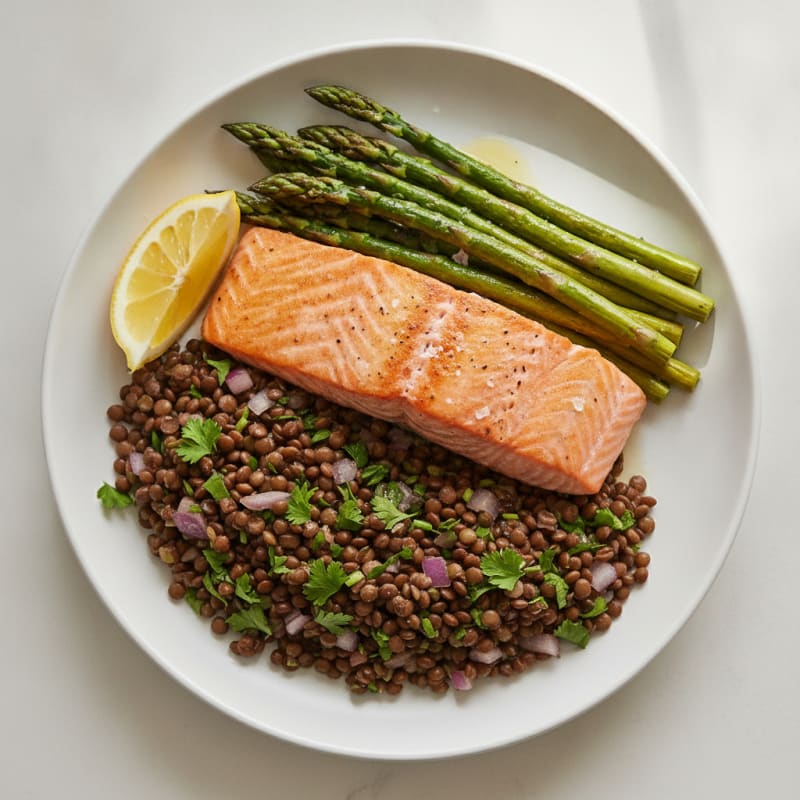 Seared Salmon with Roasted Asparagus and Lentil Salad