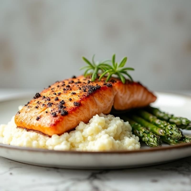 Baked Salmon with Roasted Asparagus and Cauliflower Mash