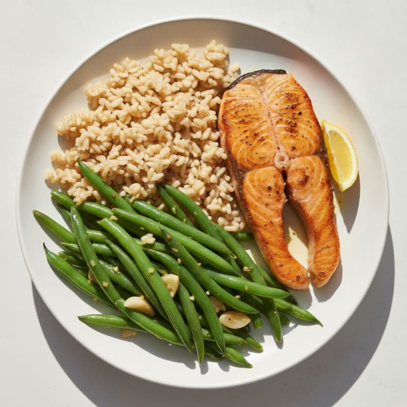Seared Salmon Fillet with Garlic Green Beans and Brown Rice