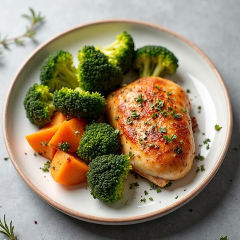 Crispy Garlic-Herb Roasted Chicken with Roasted Broccoli and Sweet Potato