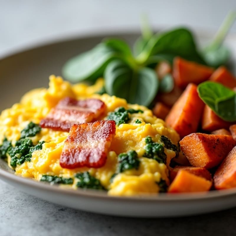 Crispy Turkey Bacon and Spinach Egg Scramble with Sweet Potato Hash