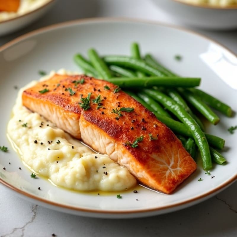 Seared Salmon with Garlic Green Beans and Cauliflower Mash