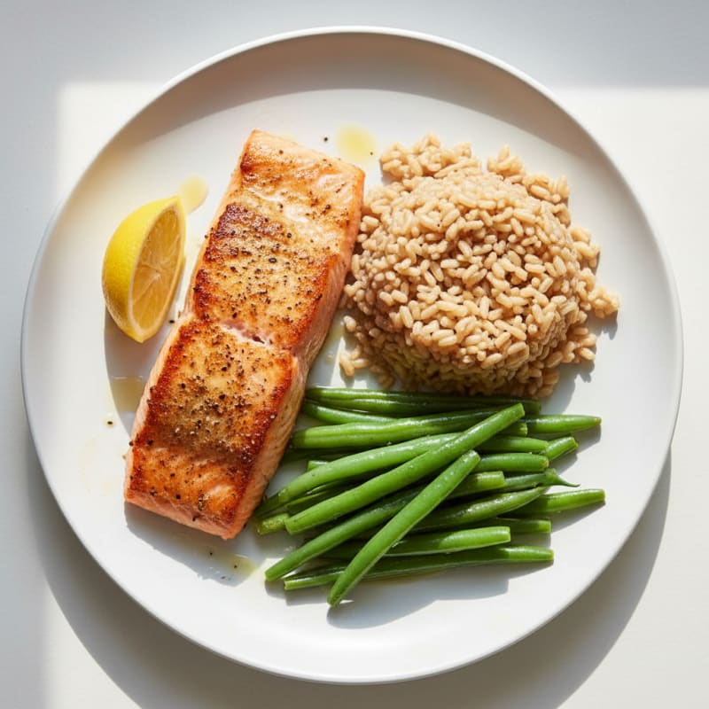 Seared Salmon with Steamed Green Beans and Brown Rice