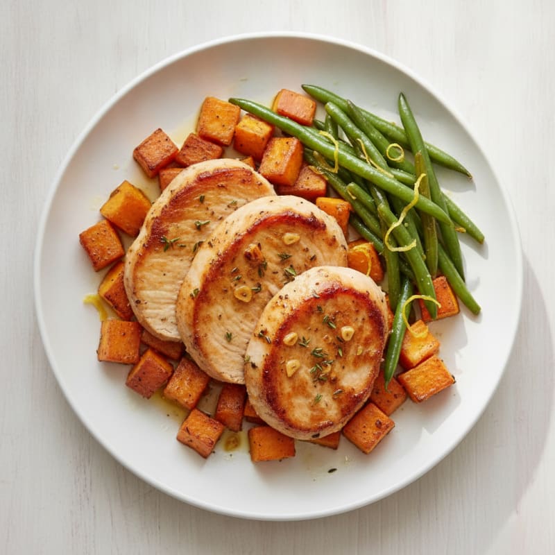 Seared Turkey Breast with Roasted Sweet Potato and Green Beans