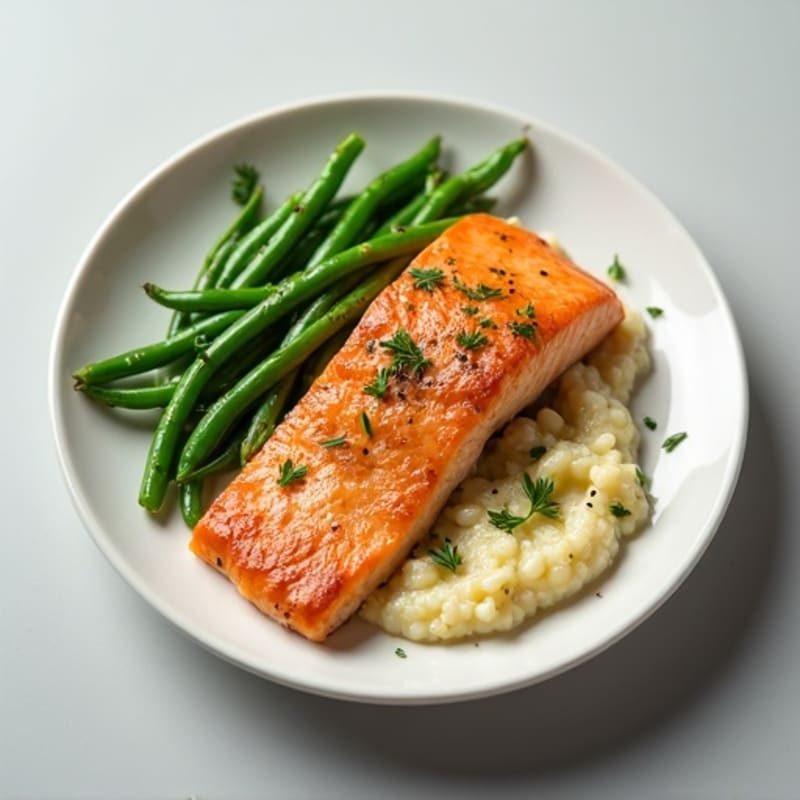 Seared Salmon with Garlic Green Beans and Cauliflower Mash