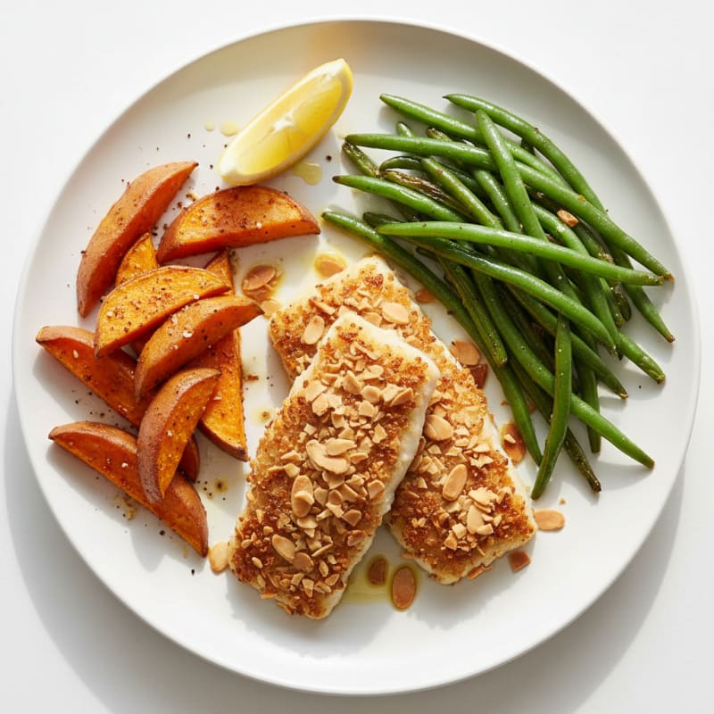 Crispy Baked Cod with Roasted Sweet Potato and Green Beans