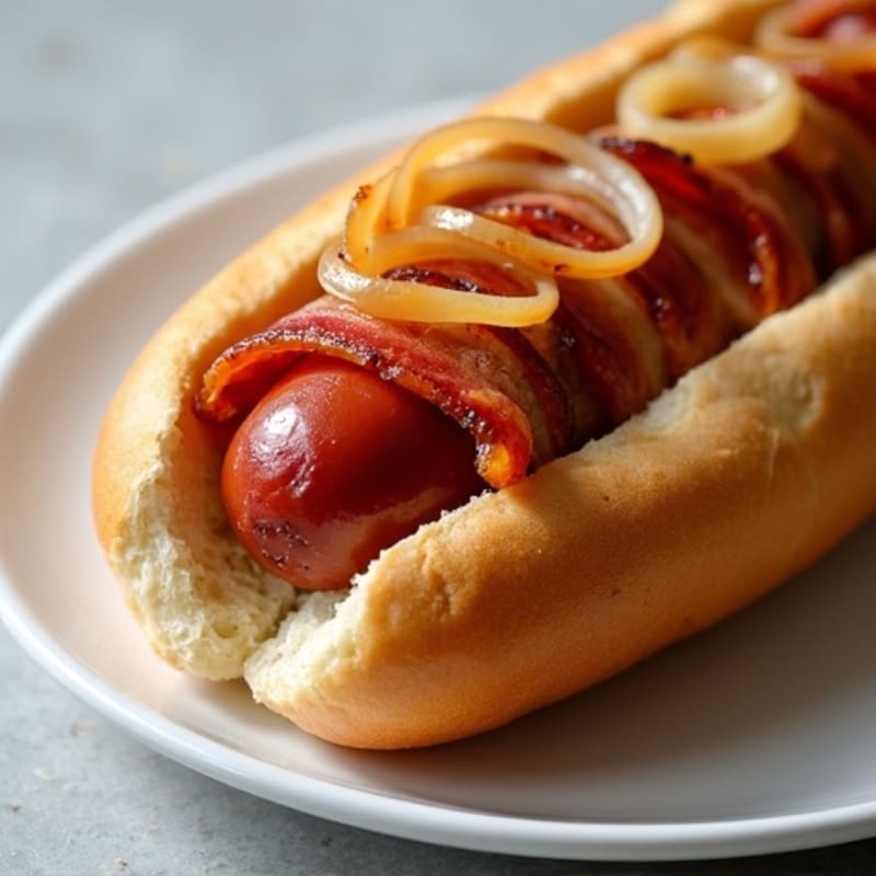 Lean Turkey Dogs with Turkey Bacon and Caramelized Onions