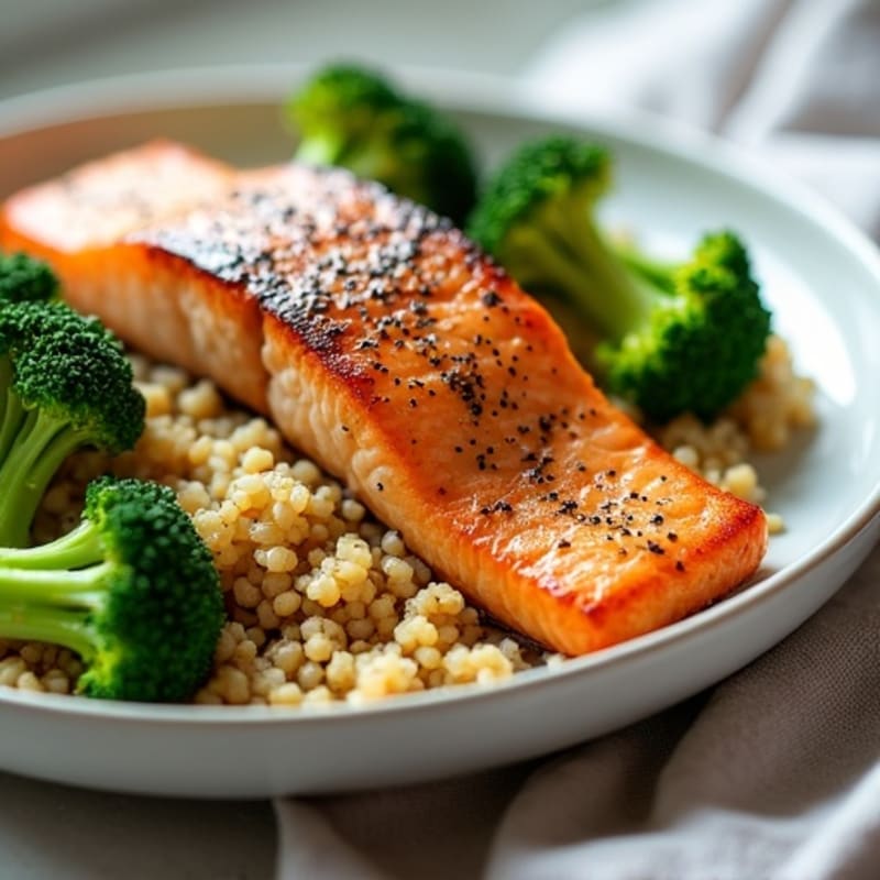 Seared Salmon with Steamed Broccoli and Quinoa