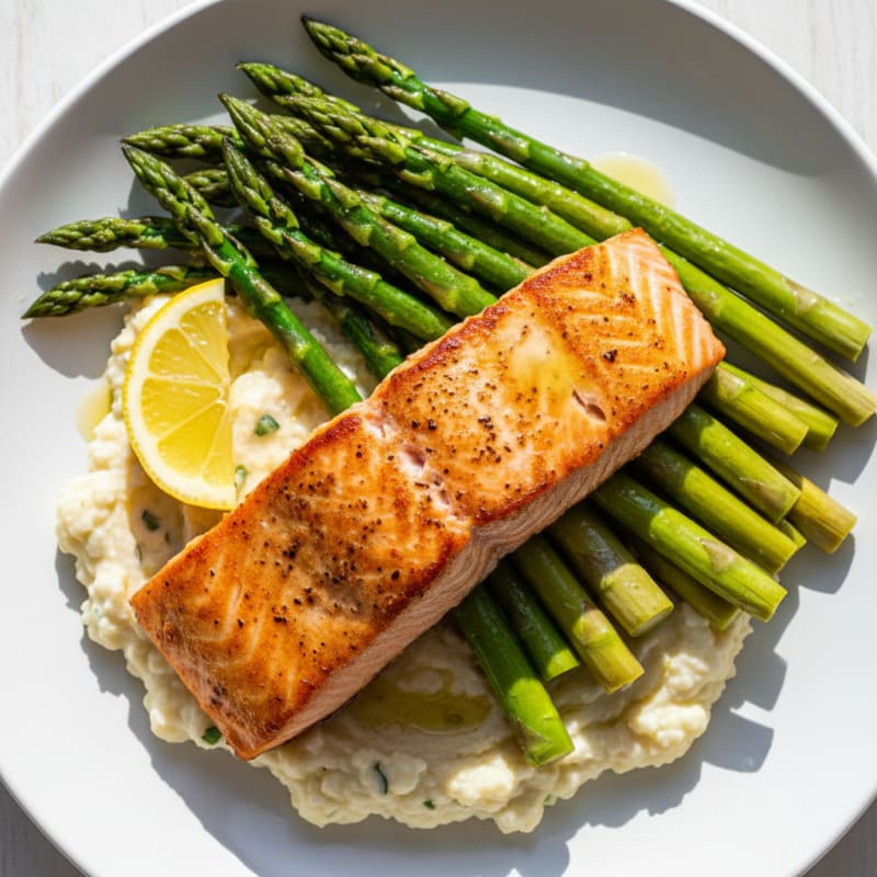 Seared Salmon with Steamed Asparagus and Cauliflower Mash