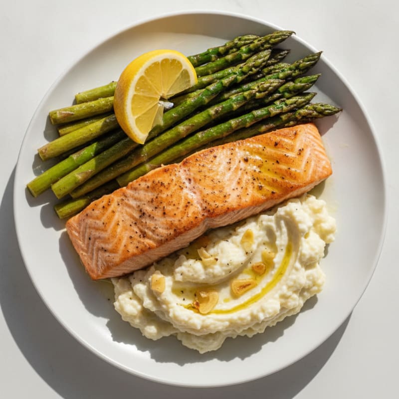 Seared Salmon with Roasted Asparagus and Garlic Mashed Cauliflower