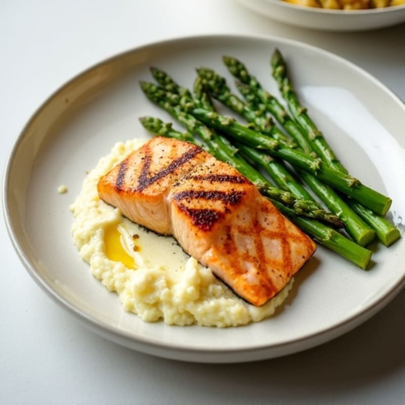 Seared Salmon with Steamed Asparagus and Cauliflower Mash